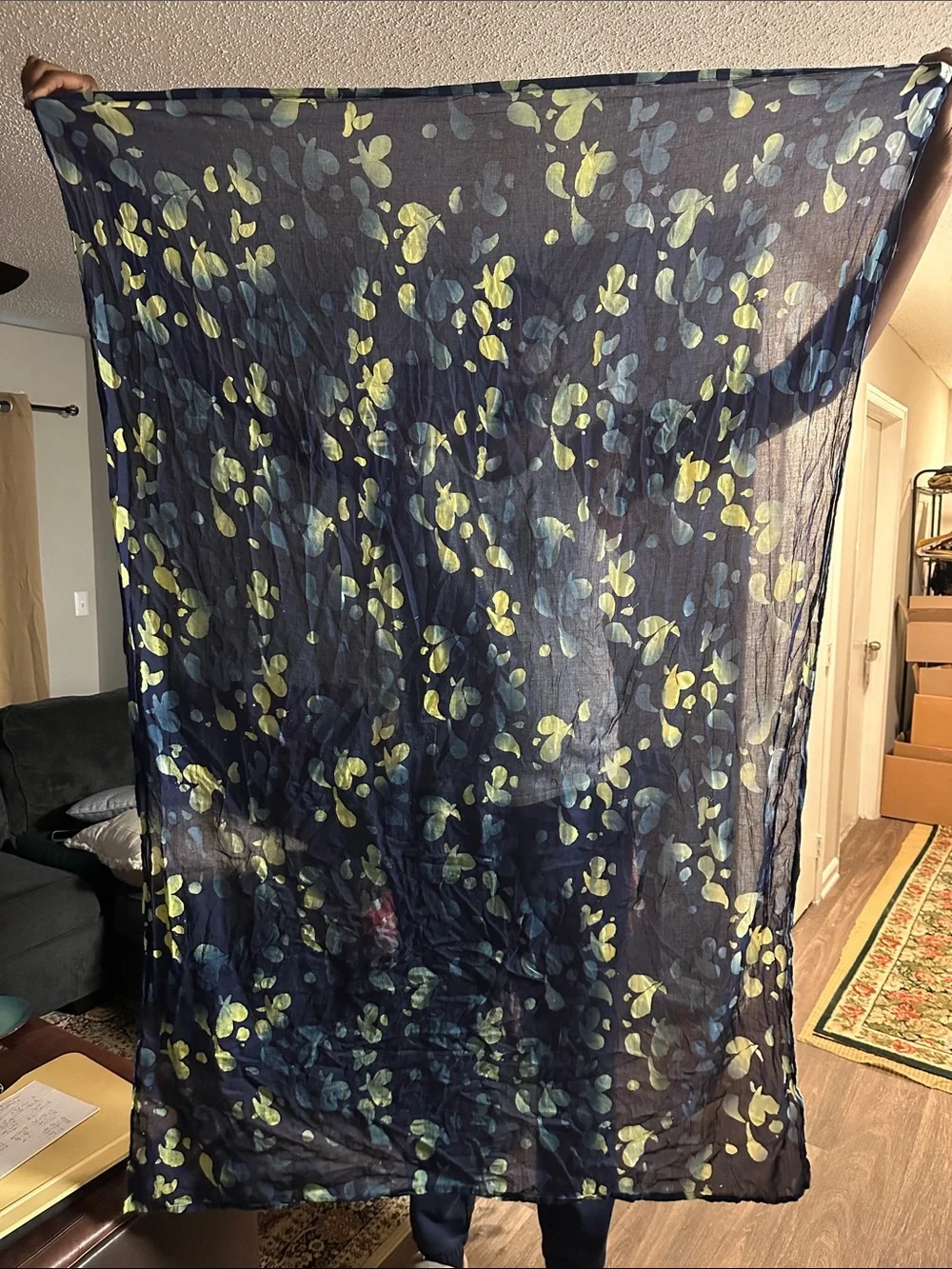 Batek-lah Malaysia Navy Blue handmade genuine Batik Sheer Leaf Print Scarf